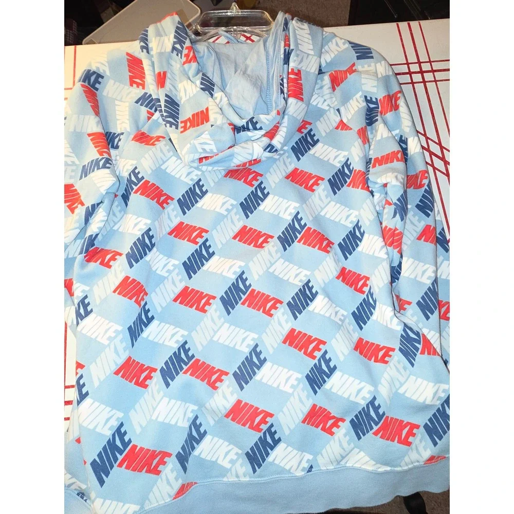 Nike Sportswear Club Fleece All Over Print Hoodie Blue Red DV0028-425 Mens M